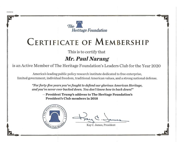 The Heritage Foundation Recognition 2020